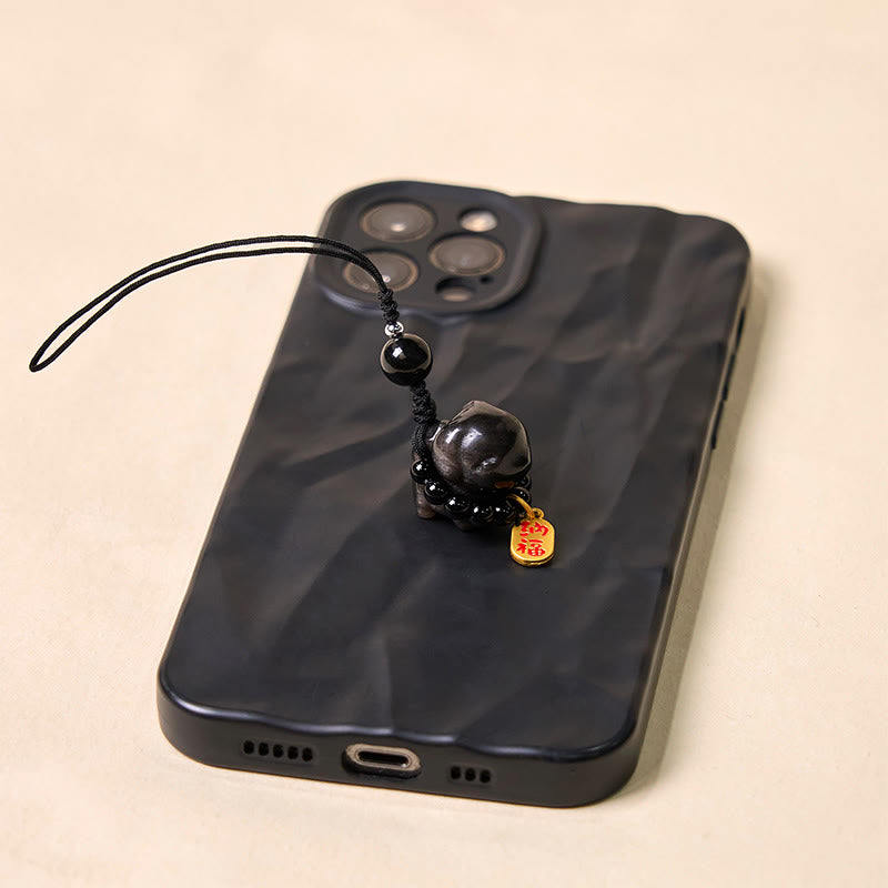 Buddha Stone Silver Sheen Obsidian Puppy Dog Fu Character Protection Necklace Phone Hanging Decoration - Image 3