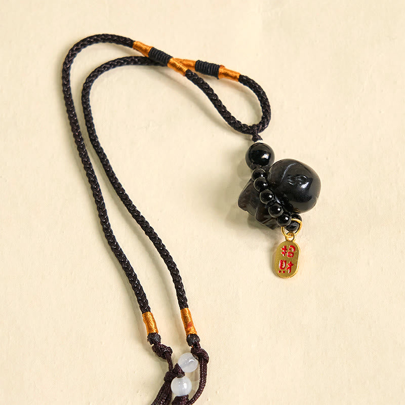 Buddha Stone Silver Sheen Obsidian Puppy Dog Fu Character Protection Necklace Phone Hanging Decoration - Image 16