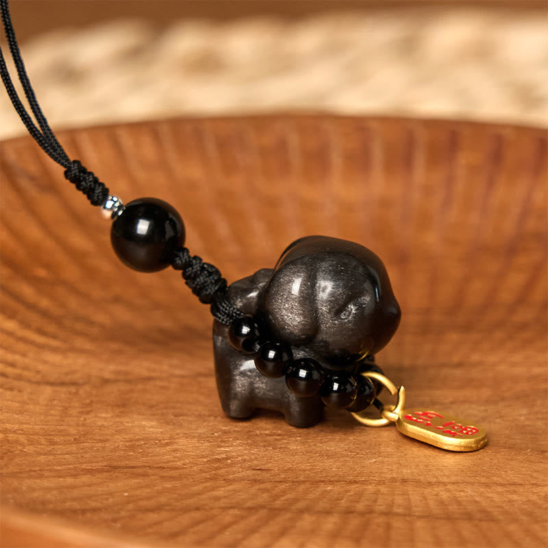 Buddha Stone Silver Sheen Obsidian Puppy Dog Fu Character Protection Necklace Phone Hanging Decoration