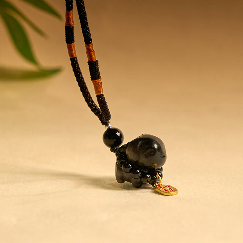 Buddha Stone Silver Sheen Obsidian Puppy Dog Fu Character Protection Necklace Phone Hanging Decoration - Image 12