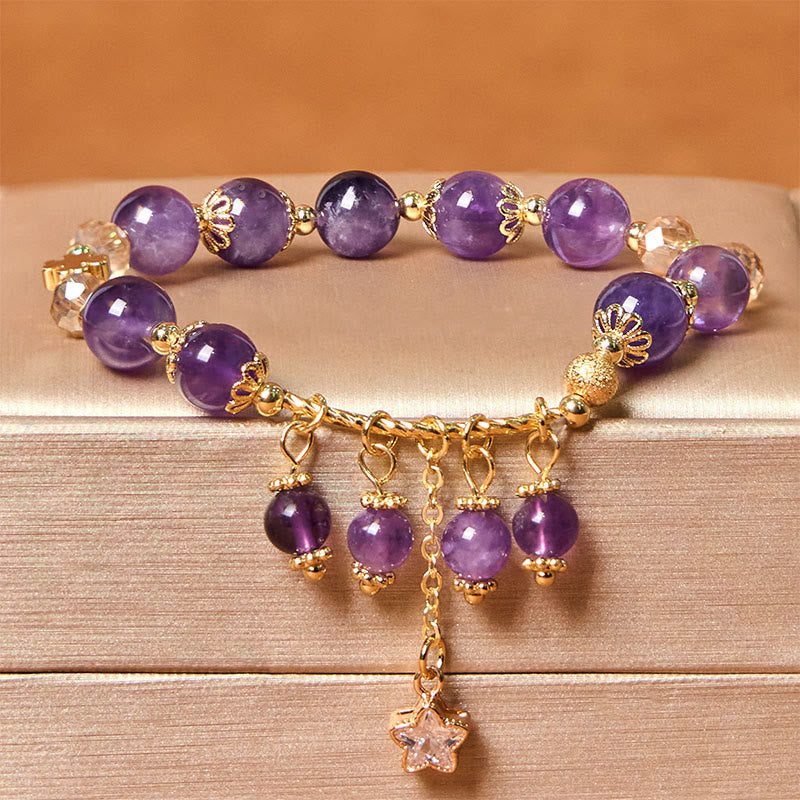 Natural Amethyst Four Leaf Clover Star Peace Bracelet