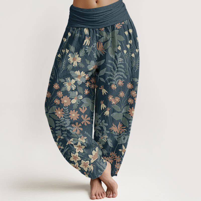 Casual Daisy Flowers Leaves Design Women's Elastic Waist Harem Pants