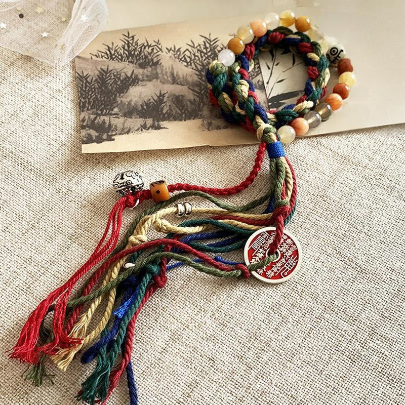 Tibetan Mountain Ghosts Spend Money Colorful Chalcedony Double-Layer Colored Rope Tassel Positive Bracelet - Image 11