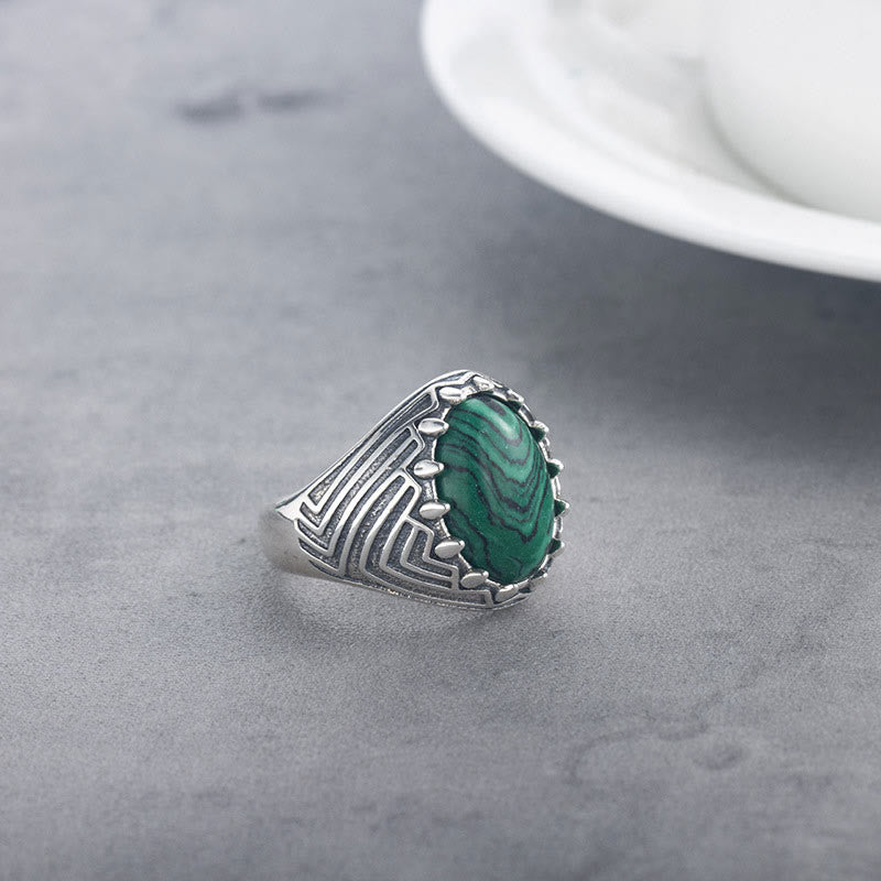 Oval Vintage 925 Sterling Silver Malachite Bead Calmness Ring - Image 5