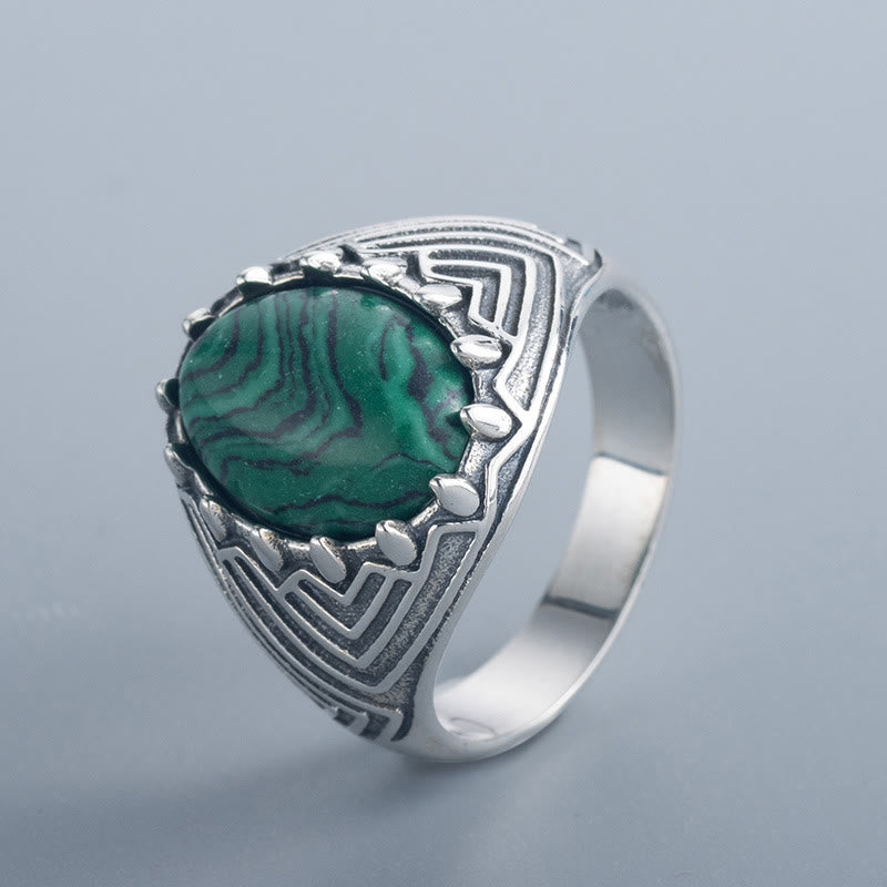 Oval Vintage 925 Sterling Silver Malachite Bead Calmness Ring