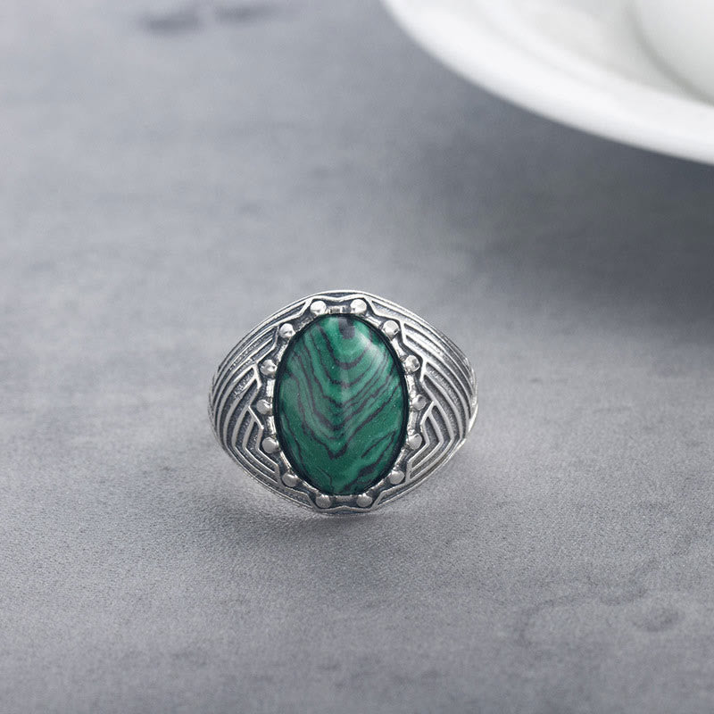 Oval Vintage 925 Sterling Silver Malachite Bead Calmness Ring - Image 9