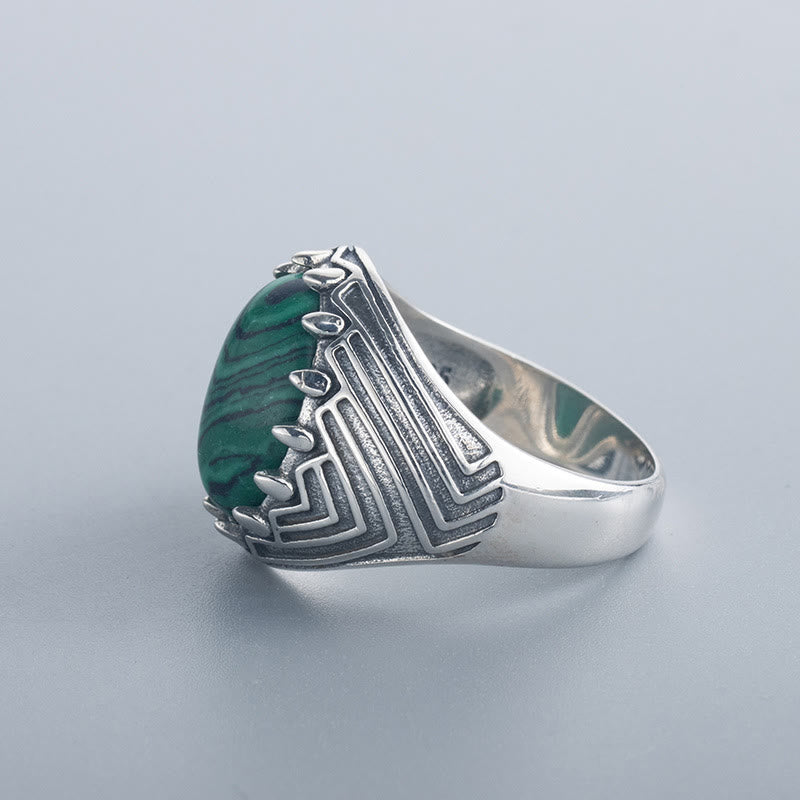 Oval Vintage 925 Sterling Silver Malachite Bead Calmness Ring - Image 4