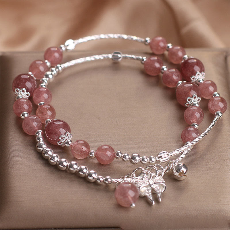 Natural Strawberry Quartz Bow-knot Rosette Charm Healing Double Wrap Bracelet