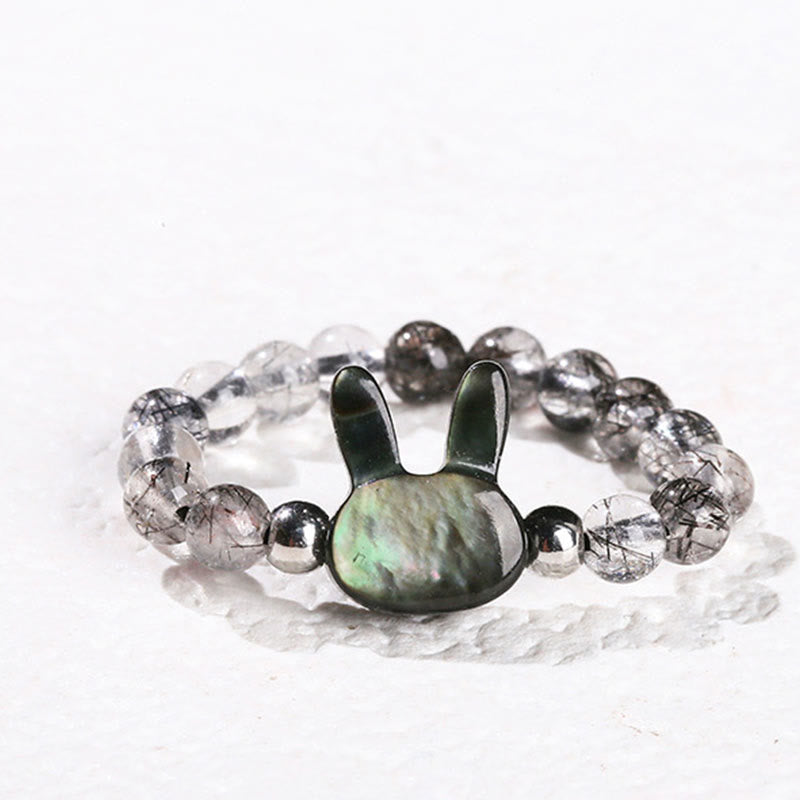 3mm Black Rutilated Quartz Tridacna Stone Rabbit Cat Ring