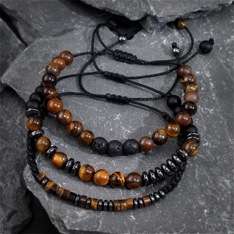 3Pcs Tiger Eye Lava Rock Protection Bracelet Set - Image 3