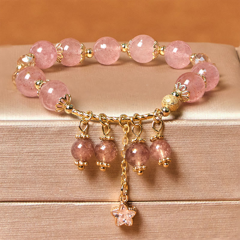 Natural Strawberry Quartz Four Leaf Clover Star Positive Bracelet