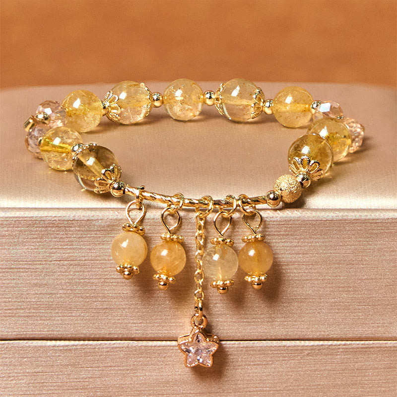 Natural Colored Yellow Rutilated Quartz Four Leaf Clover Star Auspiciousness Bracelet