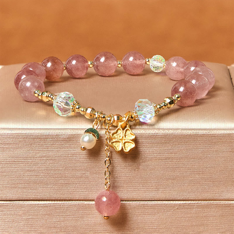 Natural Strawberry Quartz Four Leaf Clover Healing Bracelet