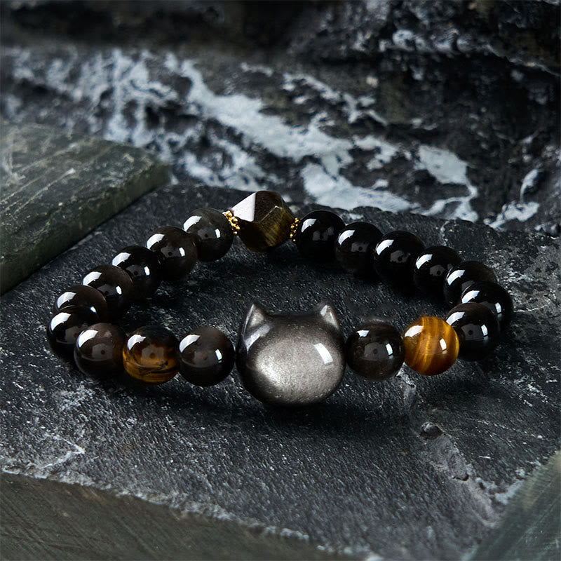 Natural Silver Sheen Obsidian Beads Cute Cat Soothing Bracelet