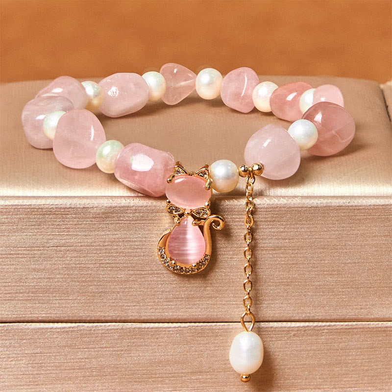 Natural Strawberry Quartz Pearl Cat Positive Bracelet