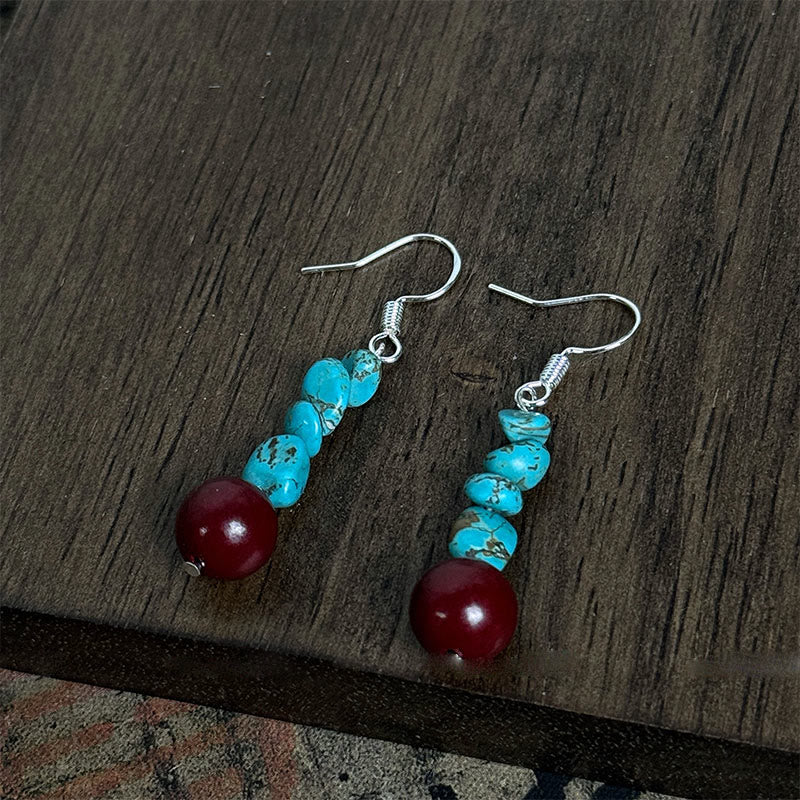 Tibetan 925 Sterling Silver Turquoise Cinnabar beads Protection Earrings