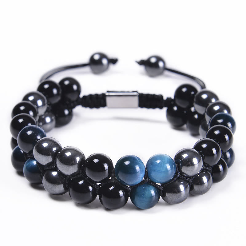 Natural Blue Tiger Eye Black Magnetite Black Obsidian Double Row Beads Protection Bracelet - Image 10
