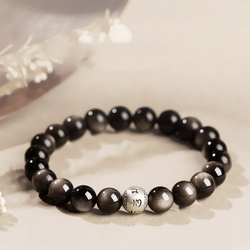 Natural Silver Sheen Obsidian Om Mani Padme Hum Protection Bracelet