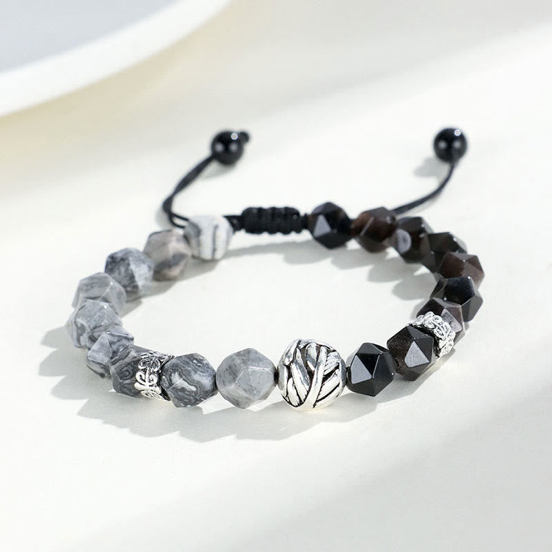 Natural Irregular Cut Obsidian Grey Jasper 925 Sterling Silver Rolled Leaf Bead Protection Bracelet - Image 10