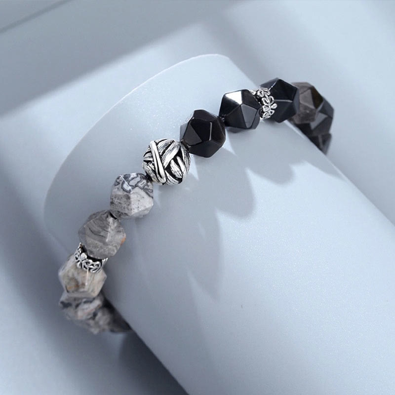 Natural Irregular Cut Obsidian Grey Jasper 925 Sterling Silver Rolled Leaf Bead Protection Bracelet - Image 4