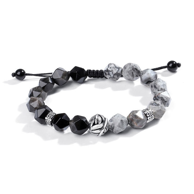 Natural Irregular Cut Obsidian Grey Jasper 925 Sterling Silver Rolled Leaf Bead Protection Bracelet - Image 11