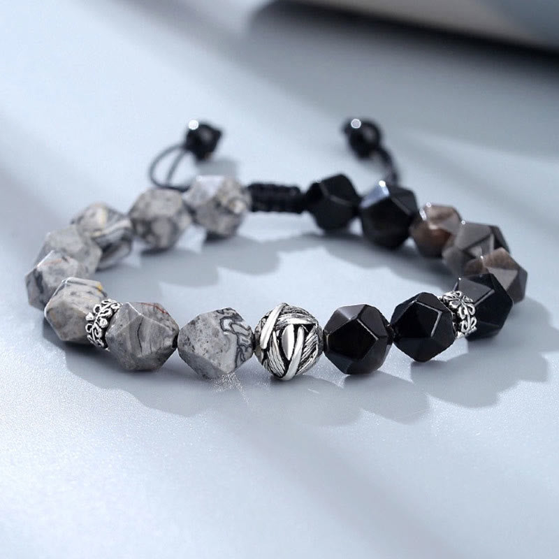 Natural Irregular Cut Obsidian Grey Jasper 925 Sterling Silver Rolled Leaf Bead Protection Bracelet