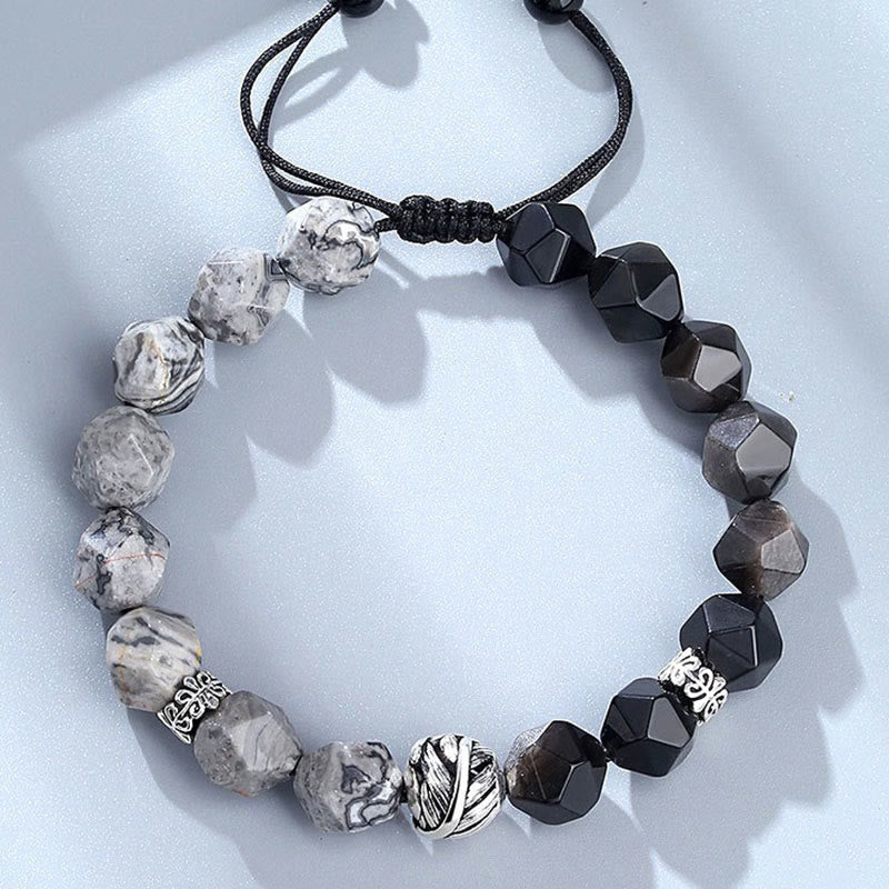 Natural Irregular Cut Obsidian Grey Jasper 925 Sterling Silver Rolled Leaf Bead Protection Bracelet - Image 3