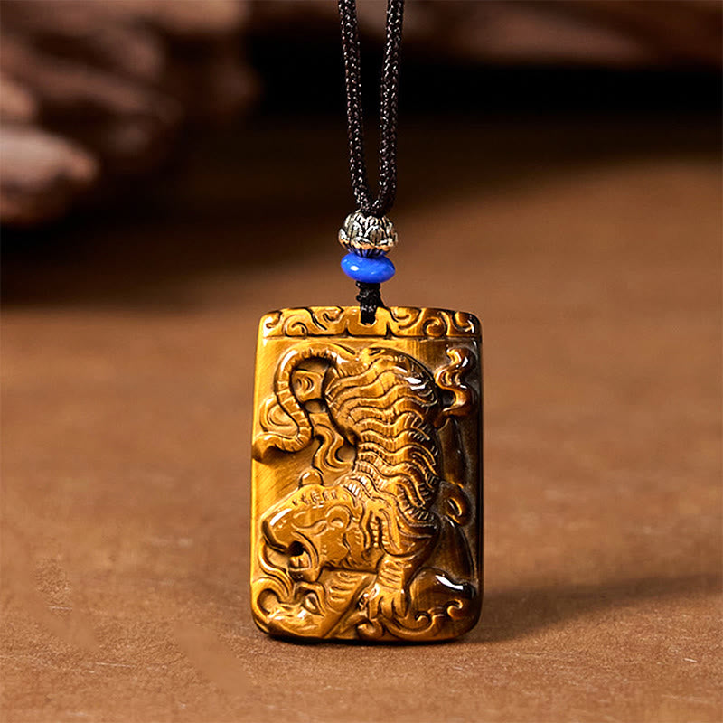 Natural Tiger Eye Square Tiger Pattern Protection Rope Necklace Pendant