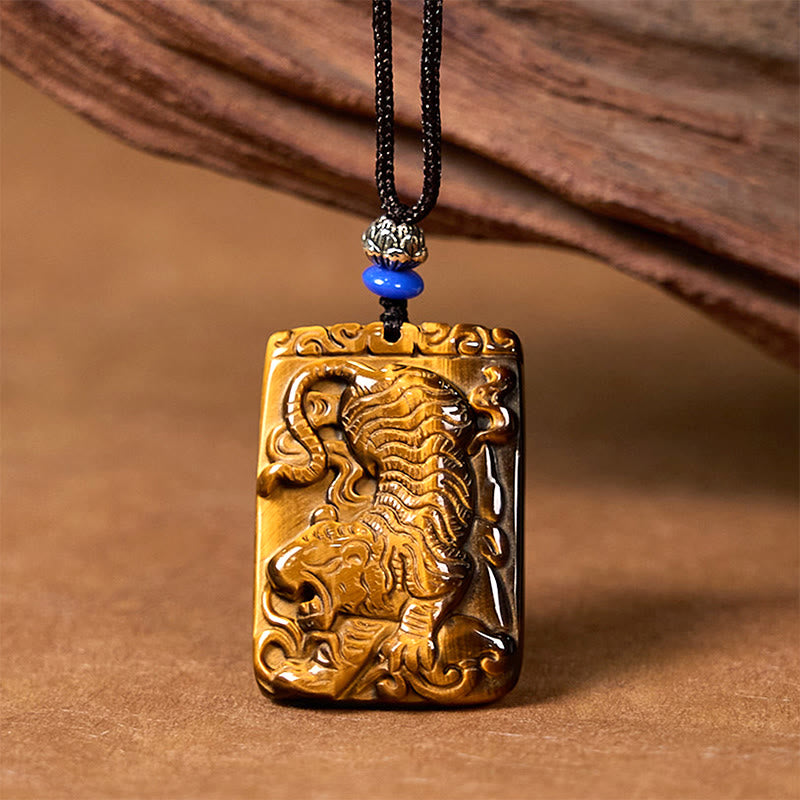 Natural Tiger Eye Square Tiger Pattern Protection Rope Necklace Pendant - Image 3