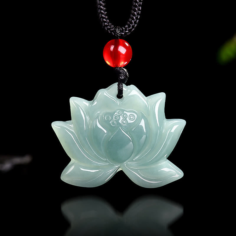 Lotus Flower Pattern Carved Jade Prosperity Necklace Pendant - Image 3