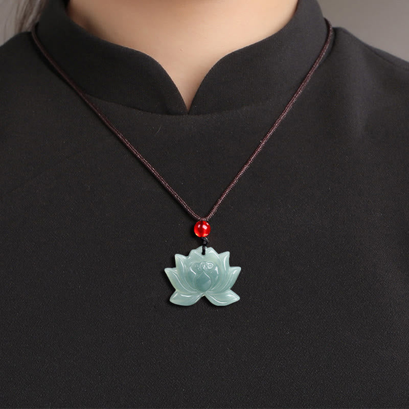 Lotus Flower Pattern Carved Jade Prosperity Necklace Pendant - Image 11