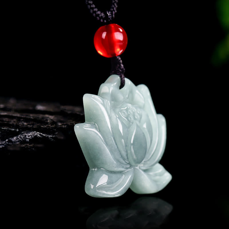 Lotus Flower Pattern Carved Jade Prosperity Necklace Pendant - Image 5
