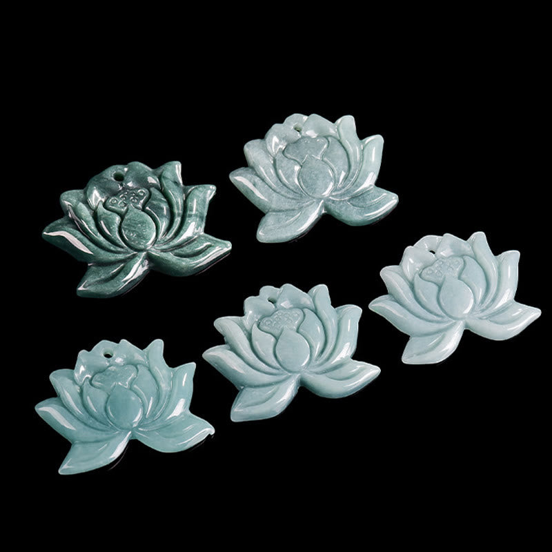 Lotus Flower Pattern Carved Jade Prosperity Necklace Pendant - Image 9