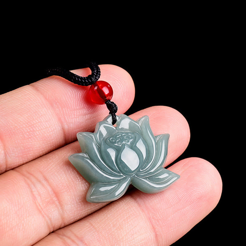 Lotus Flower Pattern Carved Jade Prosperity Necklace Pendant - Image 10