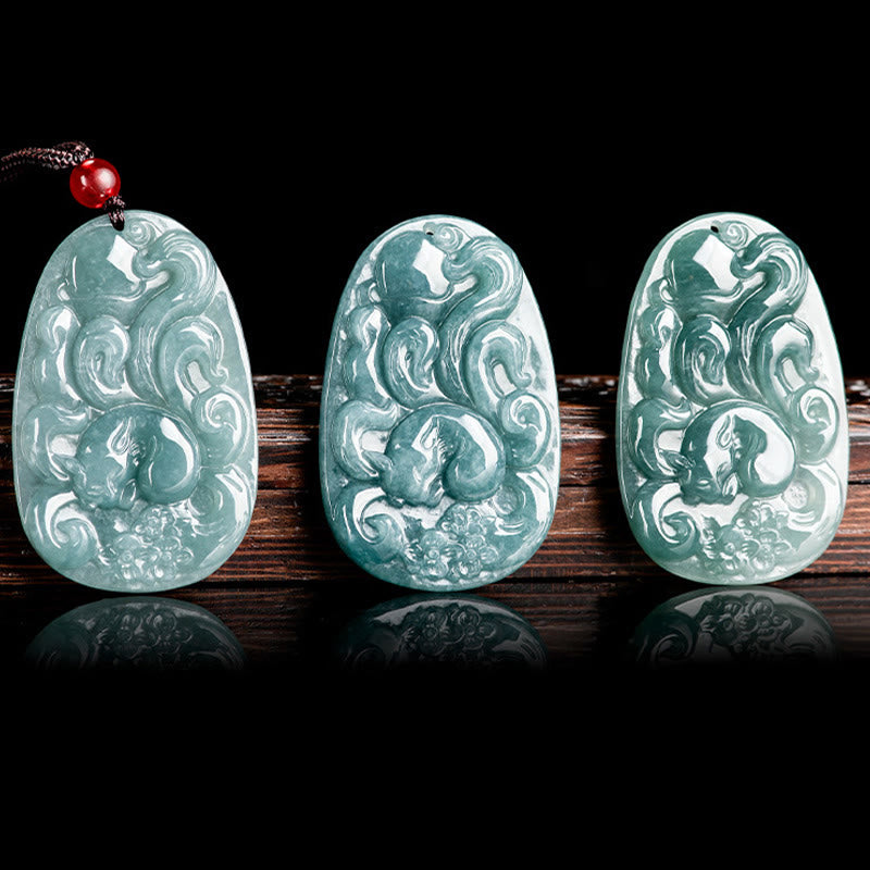 Natural Green Jade Nine Tailed Fox Flowers Luck Necklace Pendant - Image 5