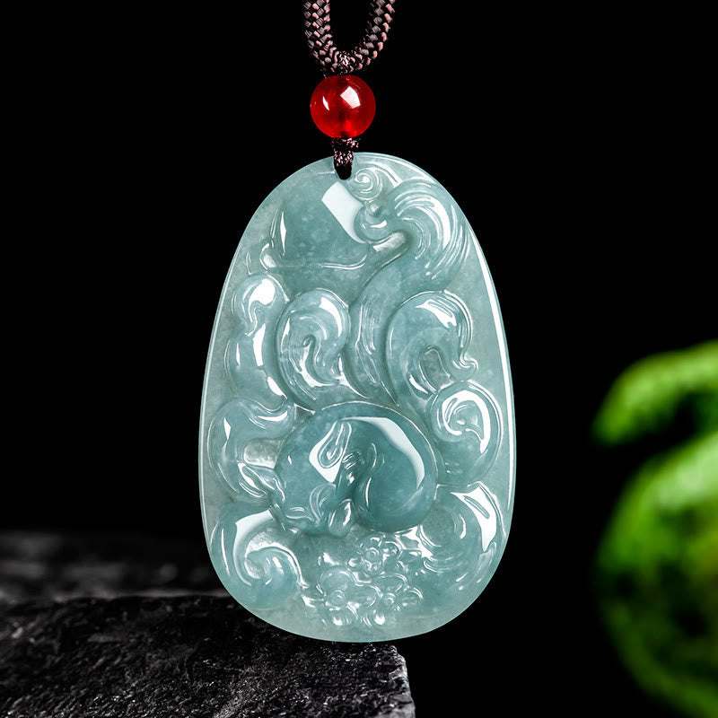 Natural Green Jade Nine Tailed Fox Flowers Luck Necklace Pendant
