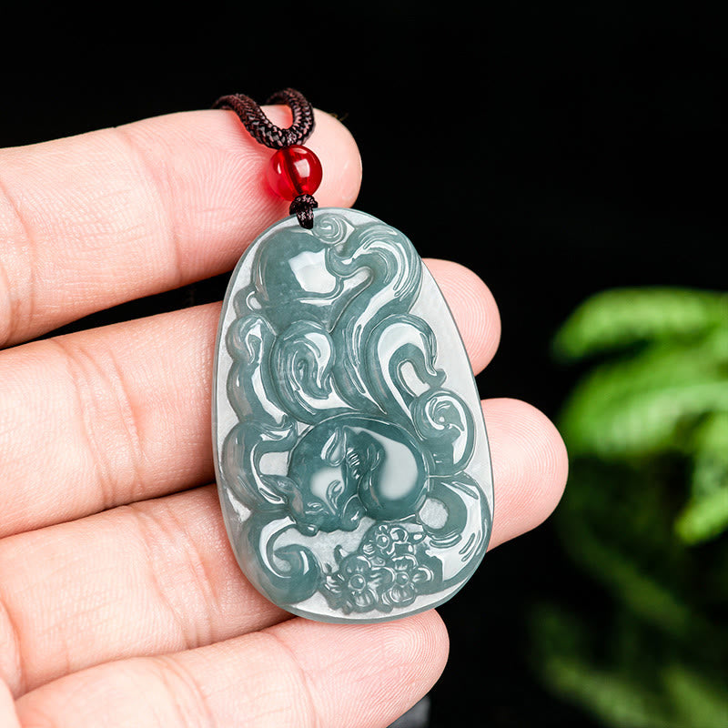 Natural Green Jade Nine Tailed Fox Flowers Luck Necklace Pendant - Image 9