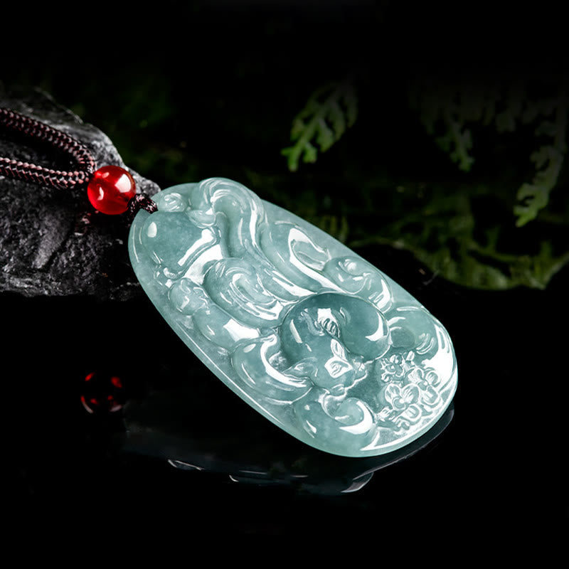 Natural Green Jade Nine Tailed Fox Flowers Luck Necklace Pendant - Image 3