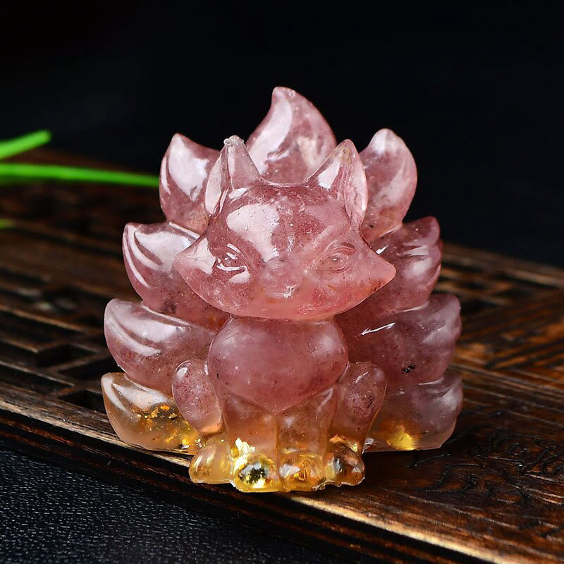 Natural Various Crystal Strawberry Quartz Amethyst Nine Tailed Fox Protection Home Decoration