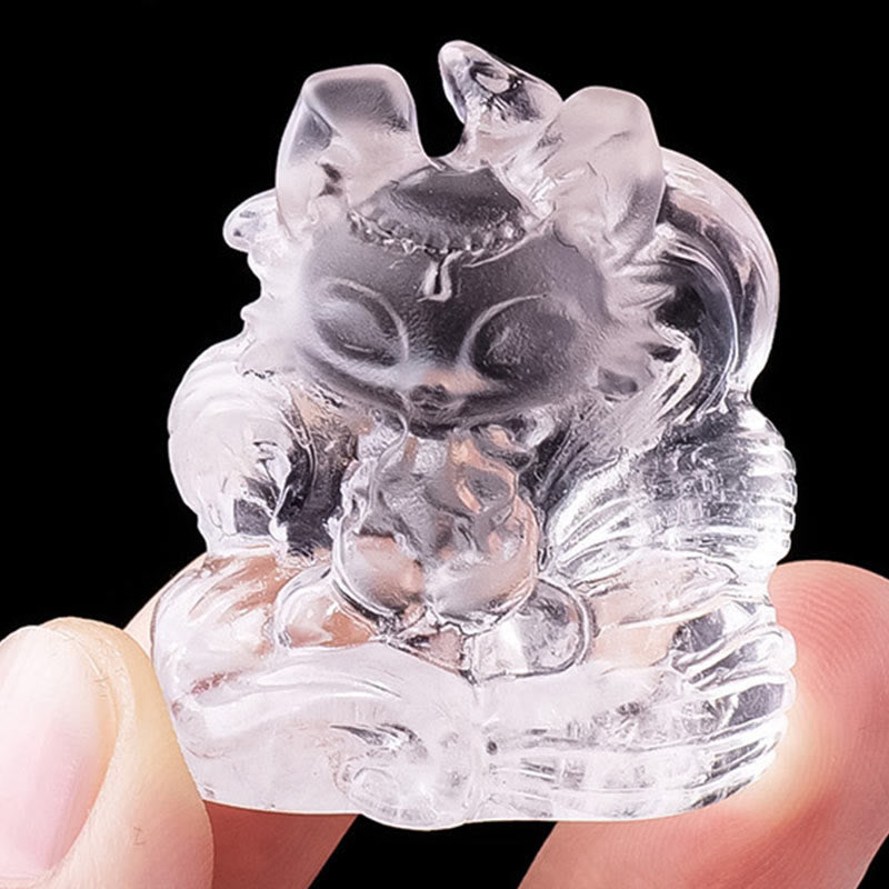 Natural White Crystal Mini Small Nine Tailed Fox Carved Healing Home Decoration