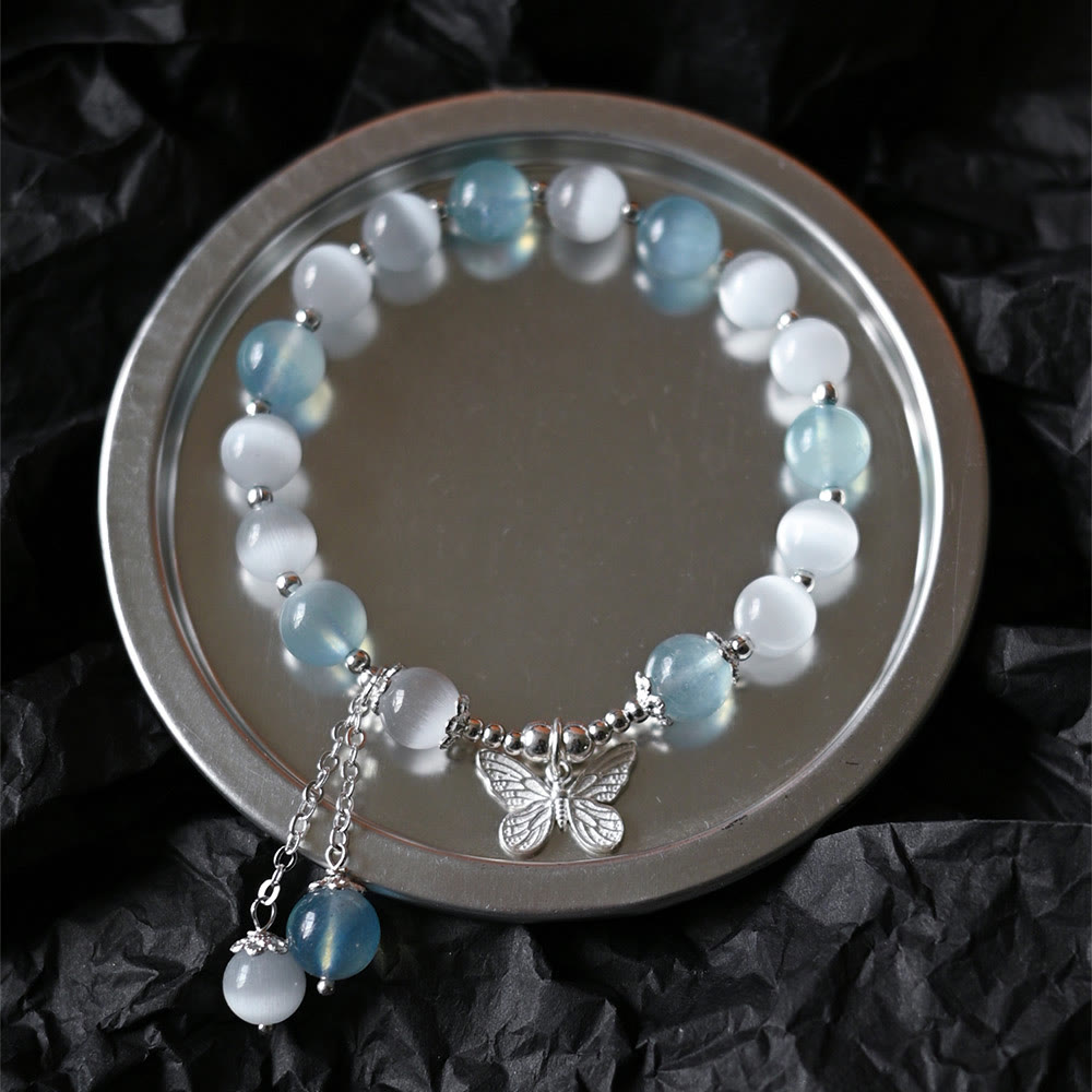 Cat's Eye Aquamarine Butterfly Charm Support Bracelet