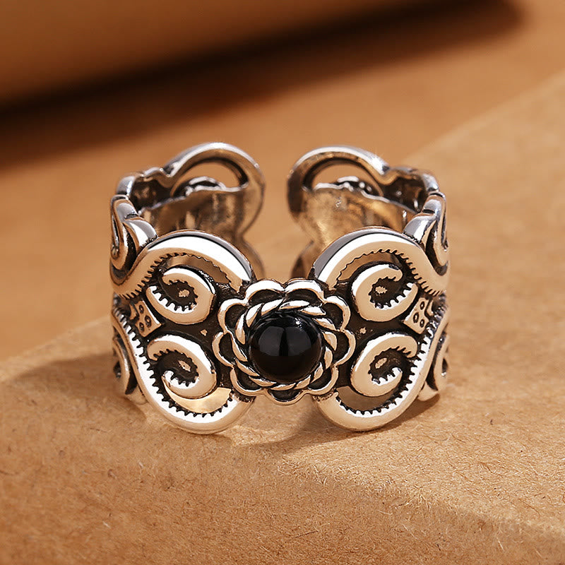 Black Onyx Copper Mongolian Pattern Adjustable Fortune Ring