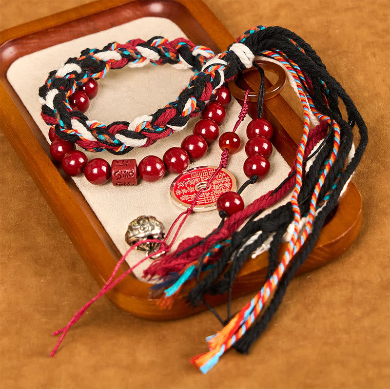 Tibetan Mountain Ghosts Spend Money Cinnabar Double-Layer Red Rope Tassel Protection Bracelet