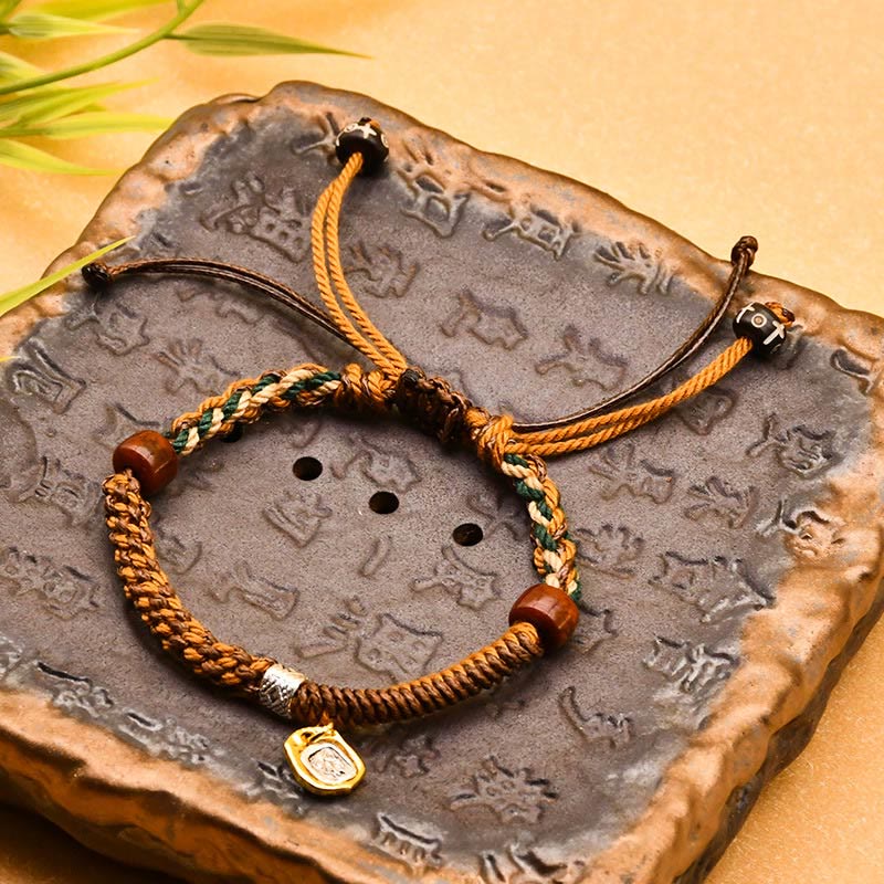 Handmade Tibetan Zakiram Goddess Of Wealth Wood Protection Braided Bracelet