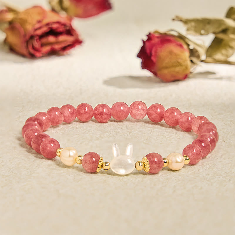 Strawberry Quartz Pearl Cat Rabbit Healing Bracelet