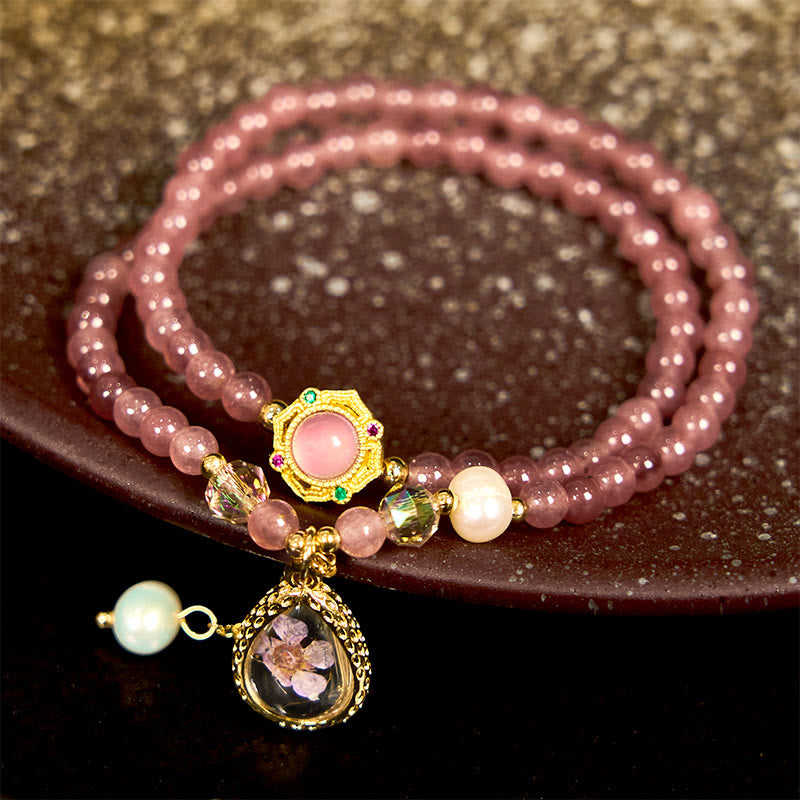 Natural Strawberry Quartz Pearl Butterfly Water Drop Positive Double Wrap Bracelet - Image 5