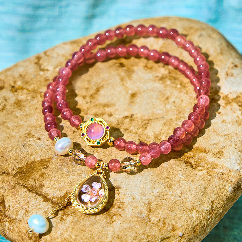 Natural Strawberry Quartz Pearl Butterfly Water Drop Positive Double Wrap Bracelet - Image 8
