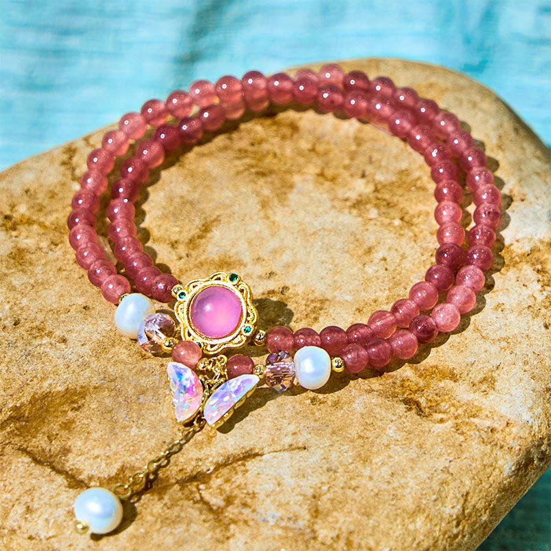 Natural Strawberry Quartz Pearl Butterfly Water Drop Positive Double Wrap Bracelet - Image 4