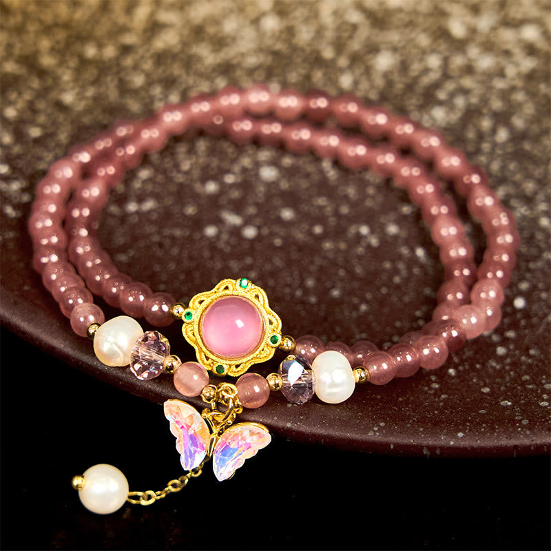 Natural Strawberry Quartz Pearl Butterfly Water Drop Positive Double Wrap Bracelet