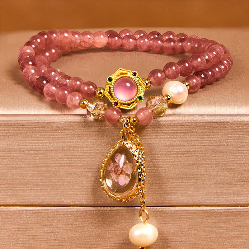 Natural Strawberry Quartz Pearl Butterfly Water Drop Positive Double Wrap Bracelet - Image 6